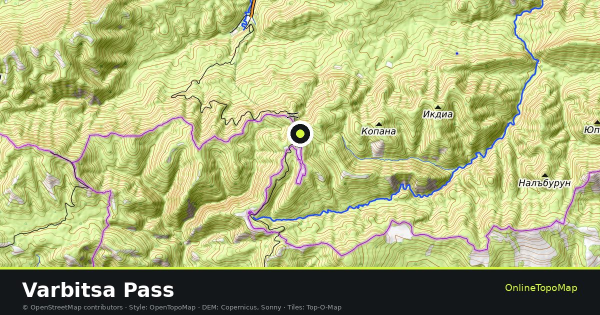 Topographic map of Varbitsa Pass with contour lines and hillshading