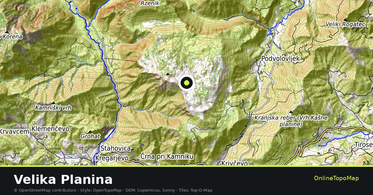 Topographic map of Velika Planina with contour lines and hillshading