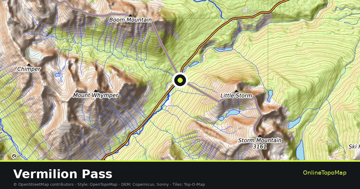 Topographic map of Vermilion Pass with contour lines and hillshading