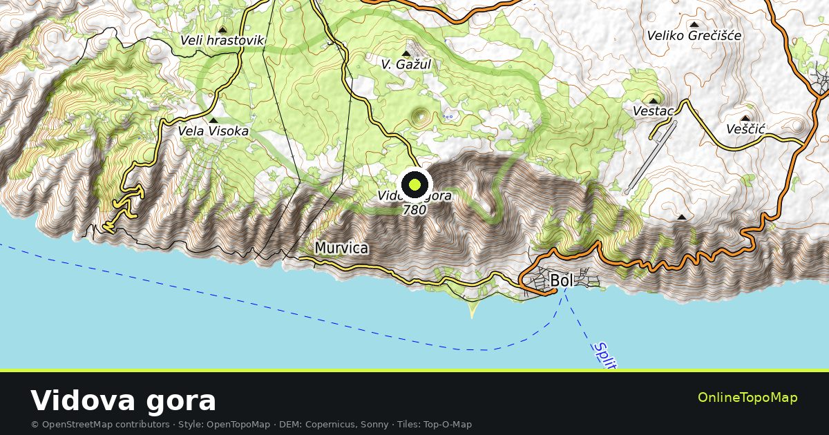 Topographic map of Vidova gora with contour lines and hillshading