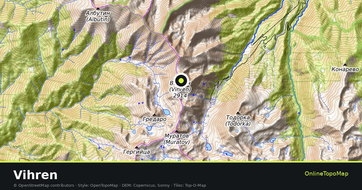 Topographic map of Vihren with contour lines and hillshading