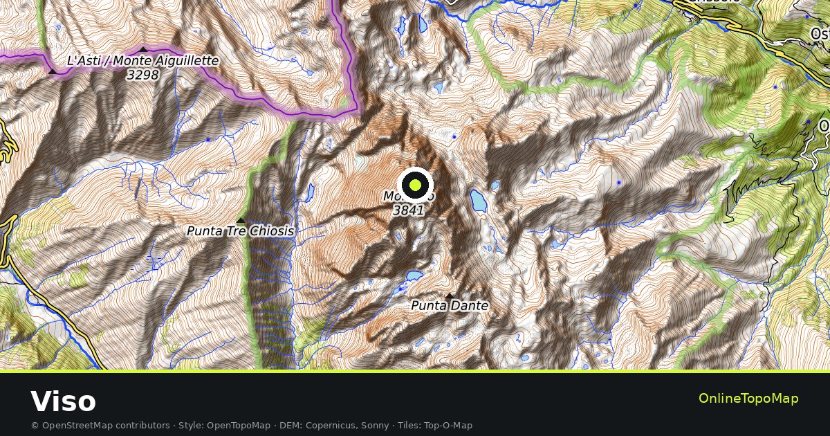 Topographic map of Viso with contour lines and hillshading