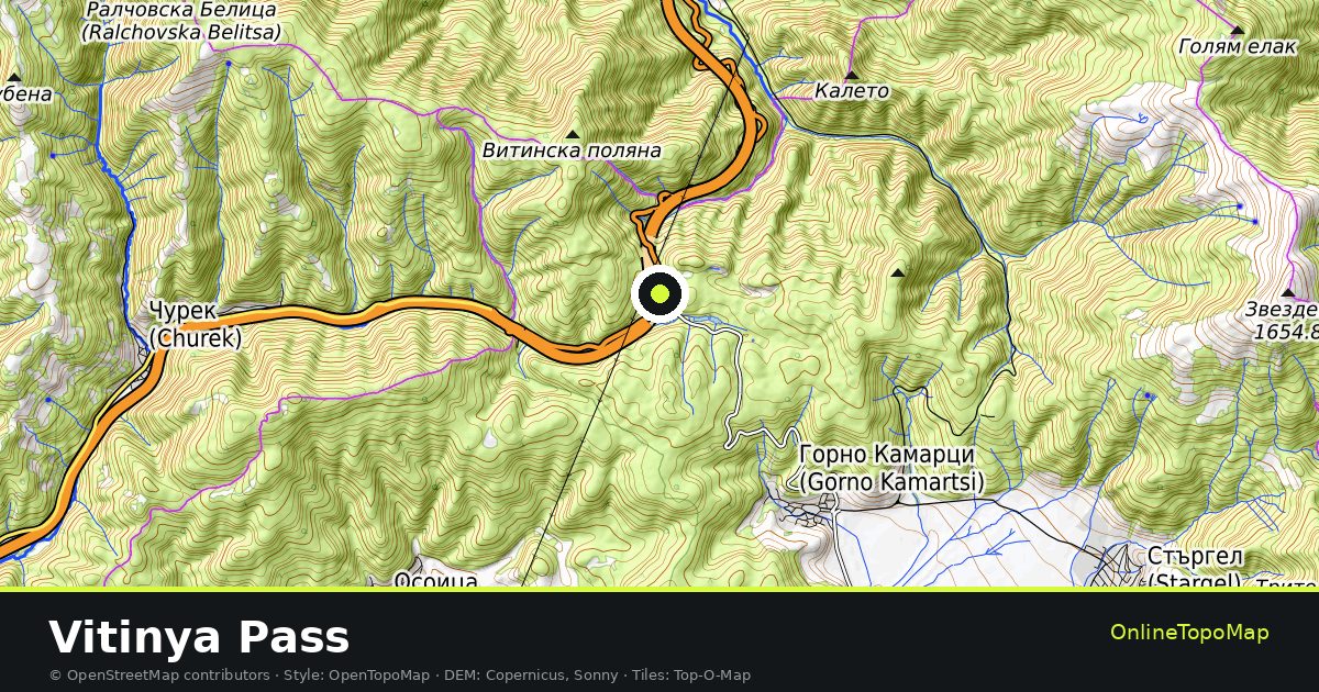 Topographic map of Vitinya Pass with contour lines and hillshading