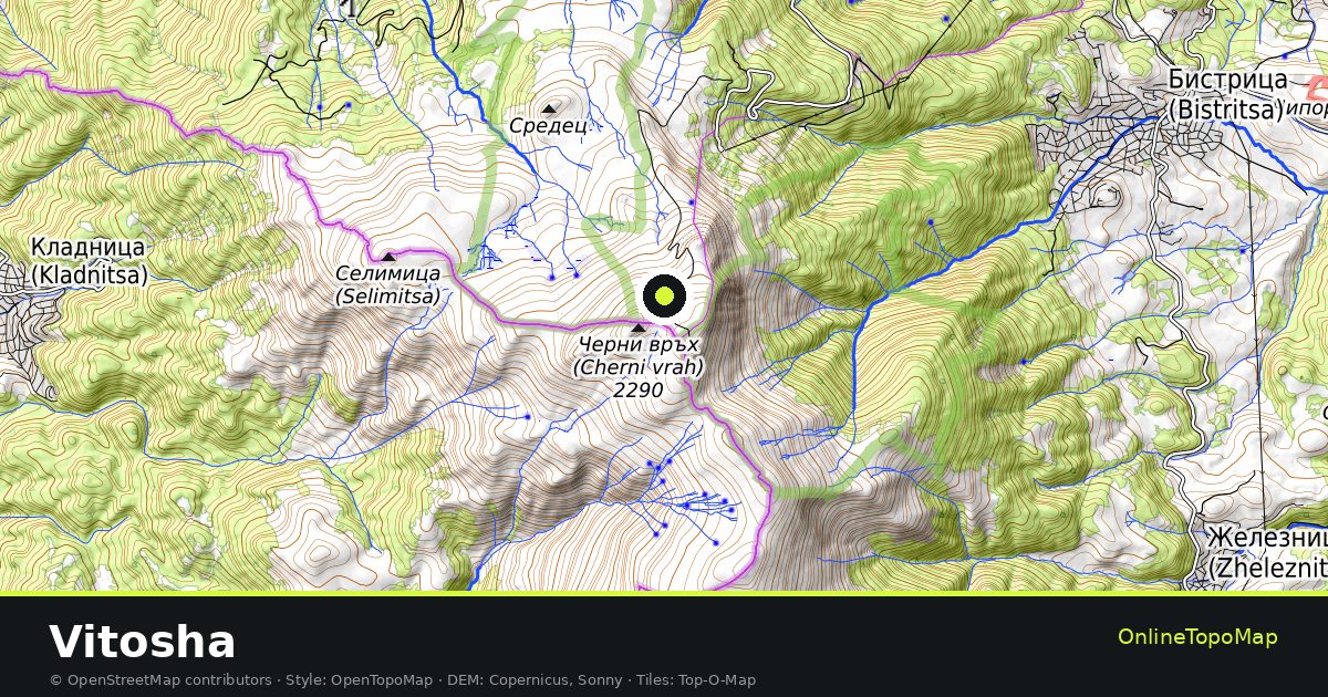 Topographic map of Vitosha with contour lines and hillshading