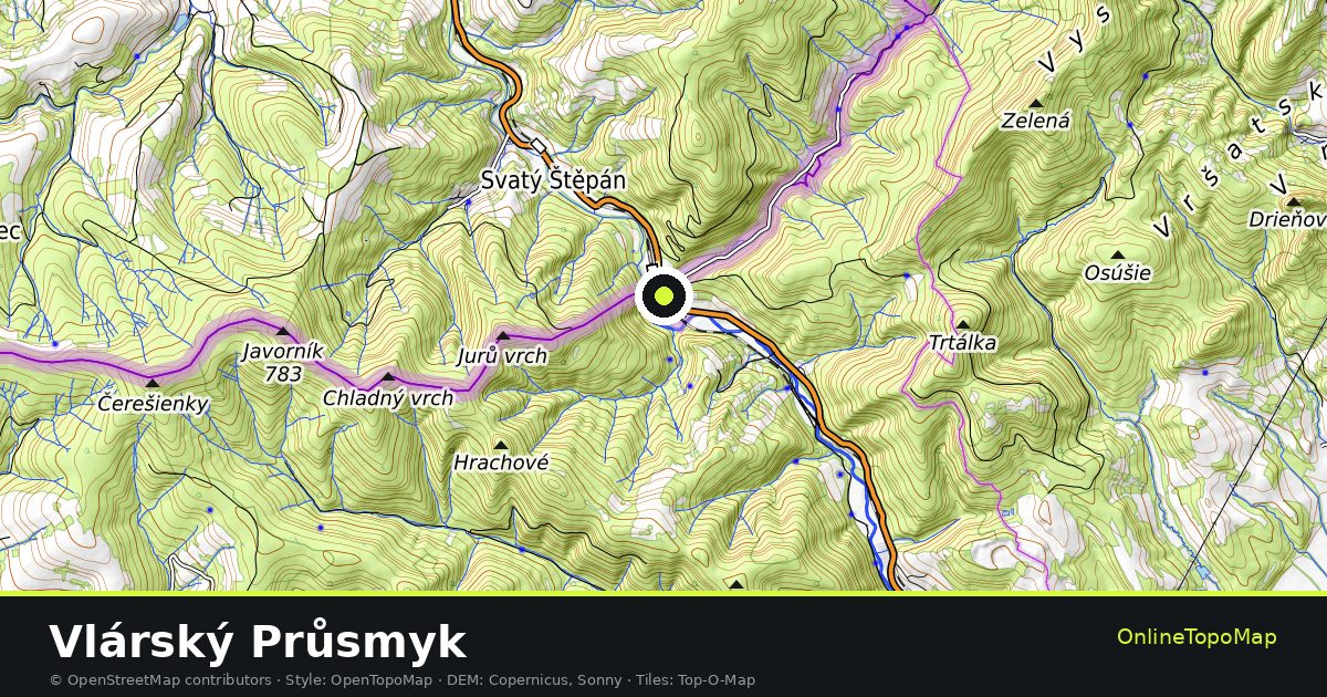 Topographic map of Vlárský Průsmyk with contour lines and hillshading