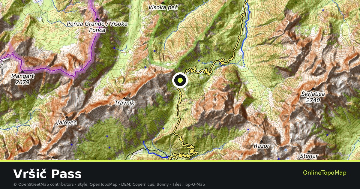 Topographic map of Vršič Pass with contour lines and hillshading