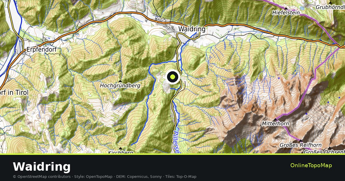 Topographic map of Waidring with contour lines and hillshading
