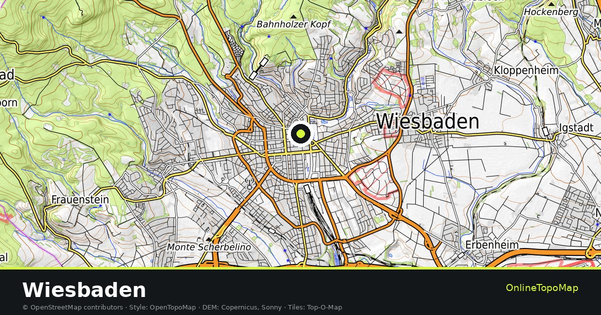 Topographic map of Wiesbaden with contour lines and hillshading