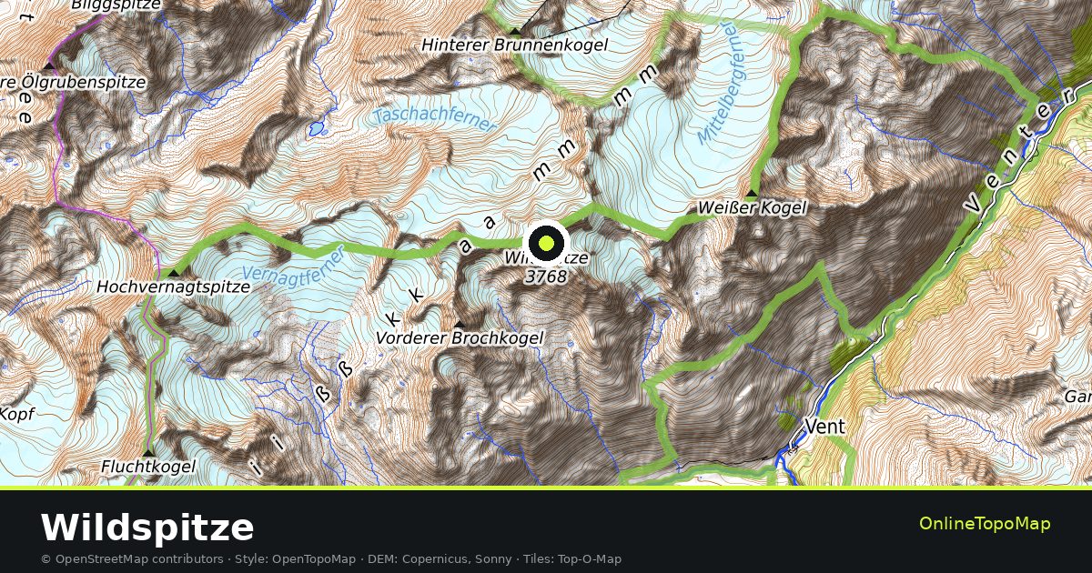 Topographic map of Wildspitze with contour lines and hillshading