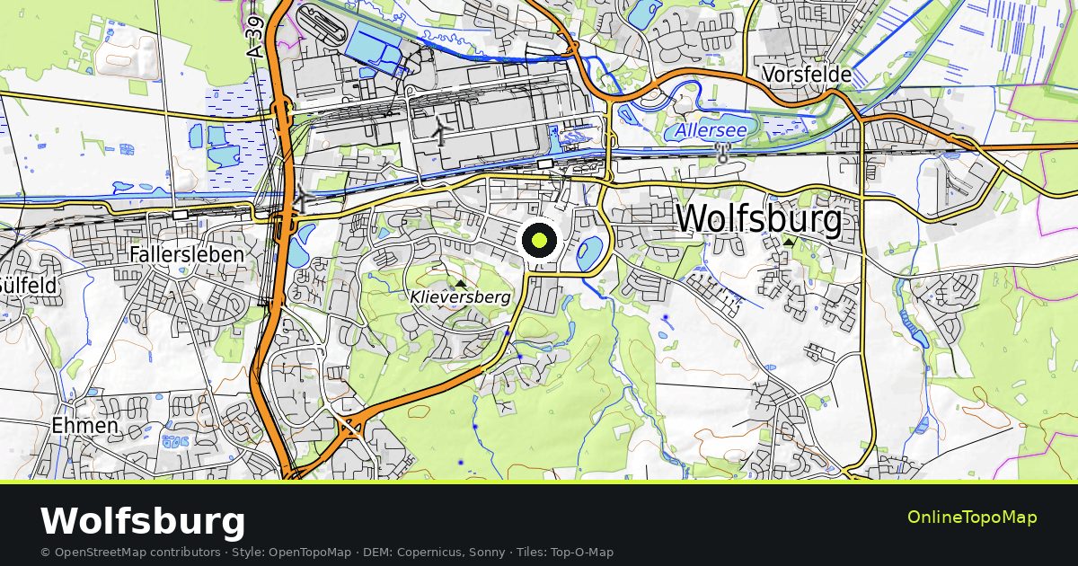 Topographic map of Wolfsburg with contour lines and hillshading