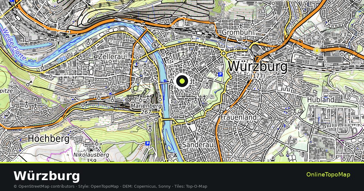 Topographic map of Würzburg with contour lines and hillshading