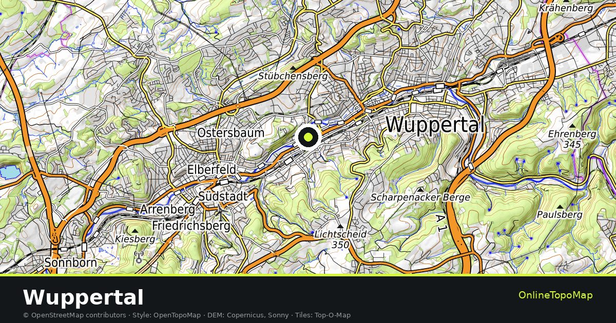 Topographic map of Wuppertal with contour lines and hillshading