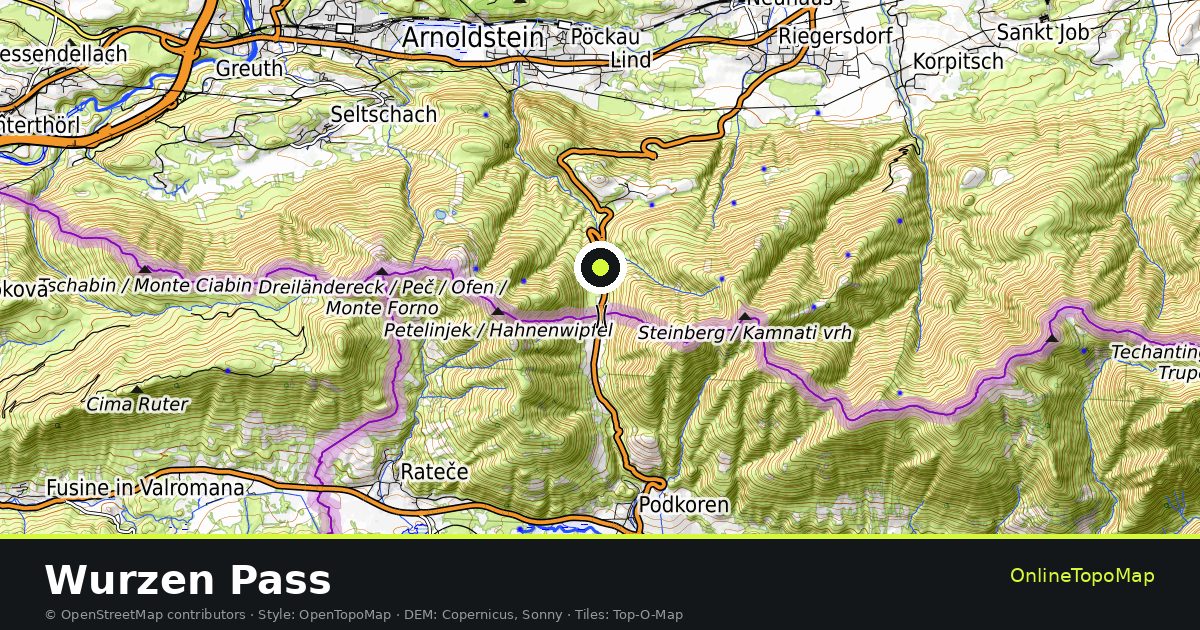 Topographic map of Wurzen Pass with contour lines and hillshading