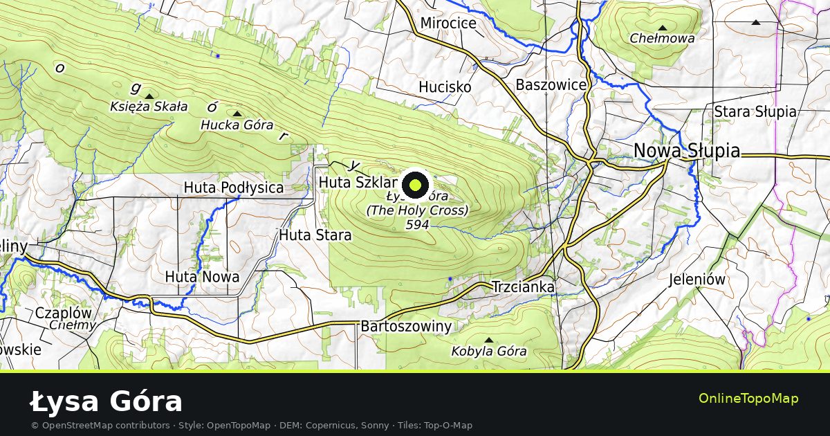 Topographic map of Łysa Góra with contour lines and hillshading