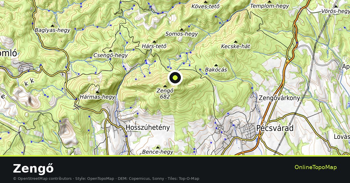 Topographic map of Zengő with contour lines and hillshading