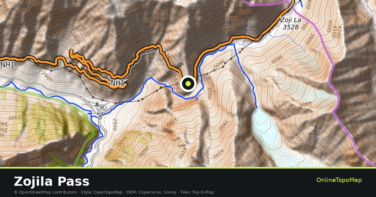 Topographic map of Zojila Pass with contour lines and hillshading