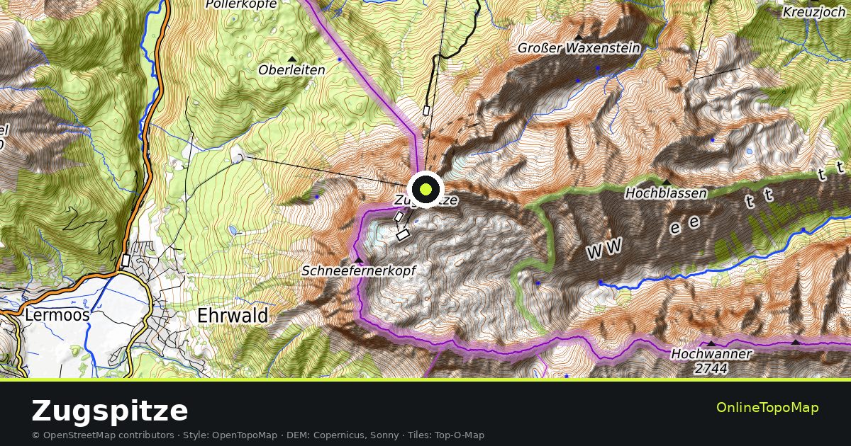 Topographic map of Zugspitze with contour lines and hillshading