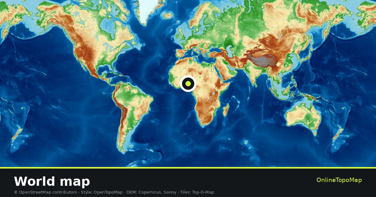 Topographic World map with contour lines and hillshading